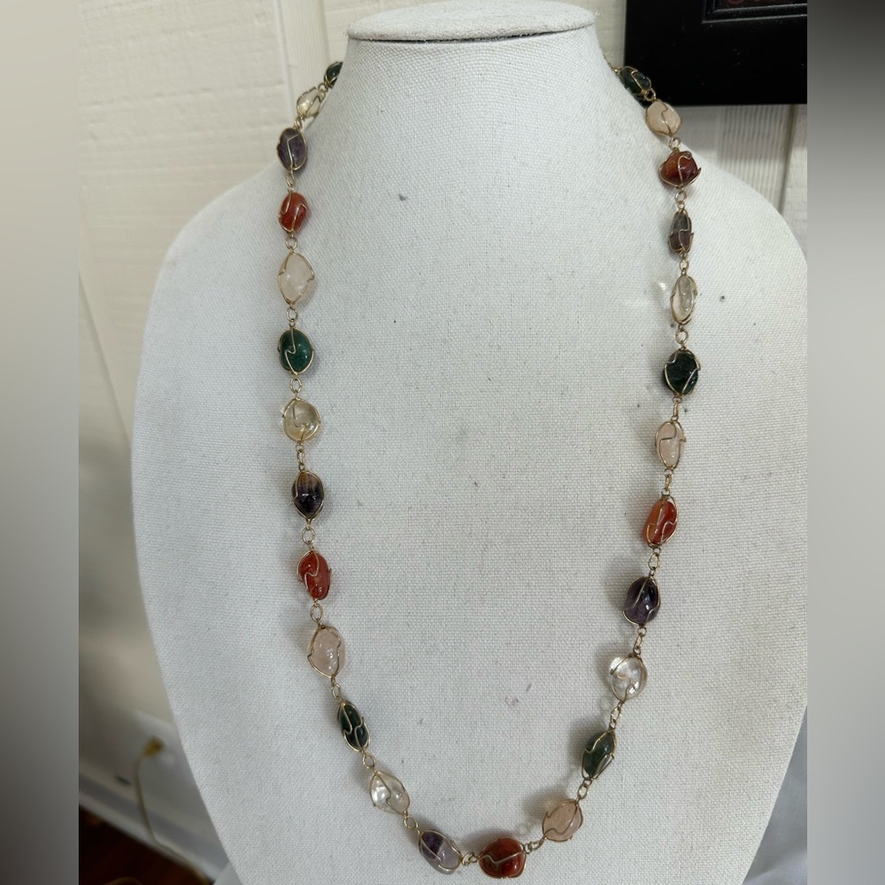 Vintage wire wrapped polished agate stone quartz necklace